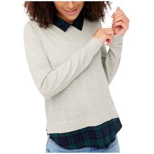 NWT J. Crew Factory Woven Collar Knit Sweater Cotton In Gray Blackwatch Size S